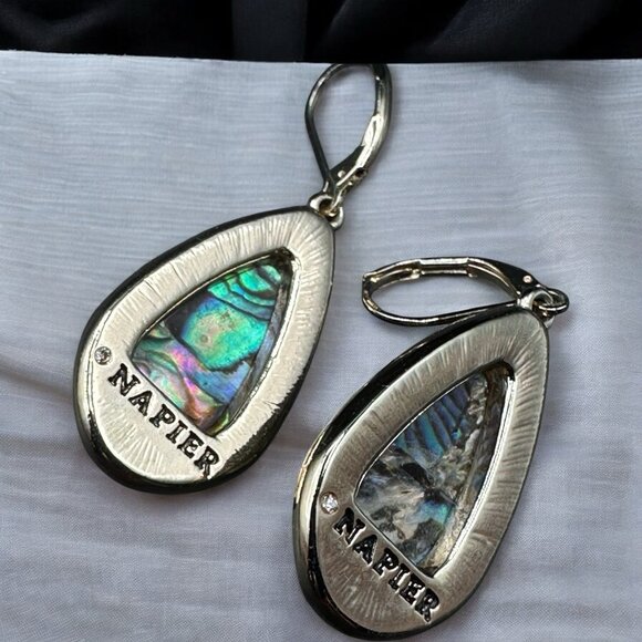 NAPIER Dangling Gold Tone Faux Abalone Leverback Earrings Teardrop Iridescent - Picture 5 of 9